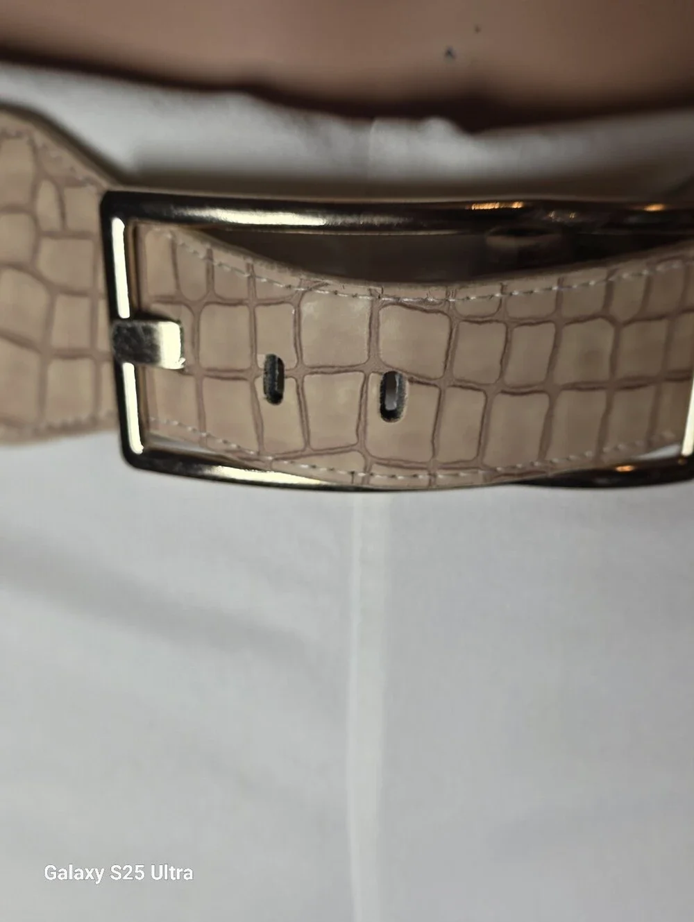 Vintage Wide Beige Croc-Embossed Elastic Cinch Belt - Gold Buckle